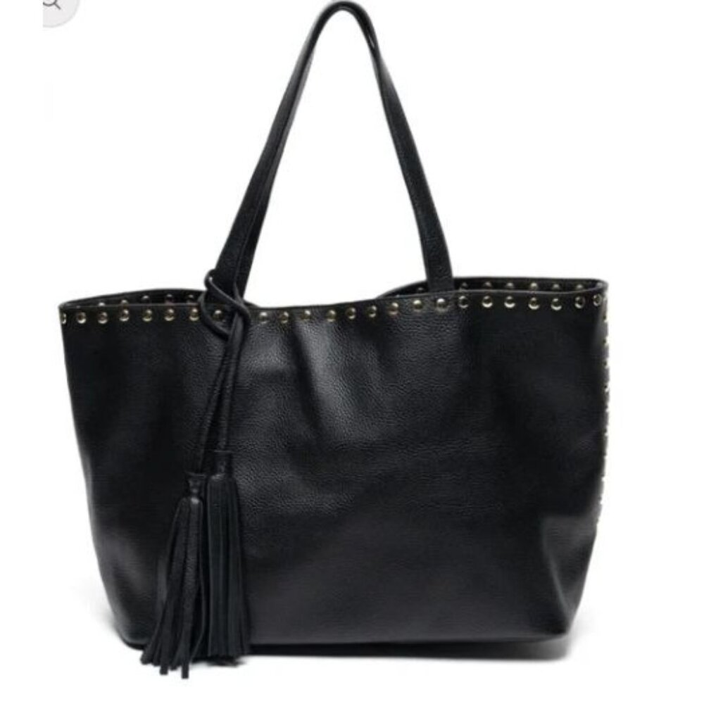 Laggo Remy Black Pebbled Leather Tote Bucket Bag Shoulder Gold Studs